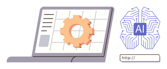 Laptop displaying gear icon with AI brain, symbolizing artificial intelligence, automation, and innovation. Ideal for technology, research, programming, data analysis, machine learning development