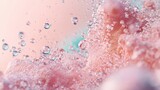 Microscopic view of pink organic matter with rising water bubbles in fluid dynamics and genetic engineering concepts.