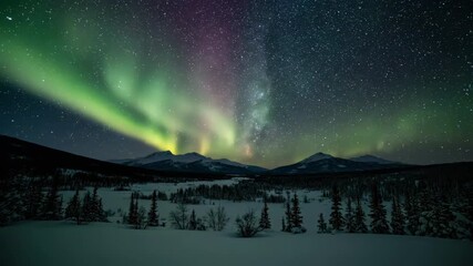 Wall Mural - dynamic aurora borealis expanding and contracting over a vast open wilderness from high above timela