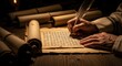 © Светлана Воротняк - Man writing ancient text on parchment scroll with a feather quill. Biblical scribe creating a manuscript from old testament.