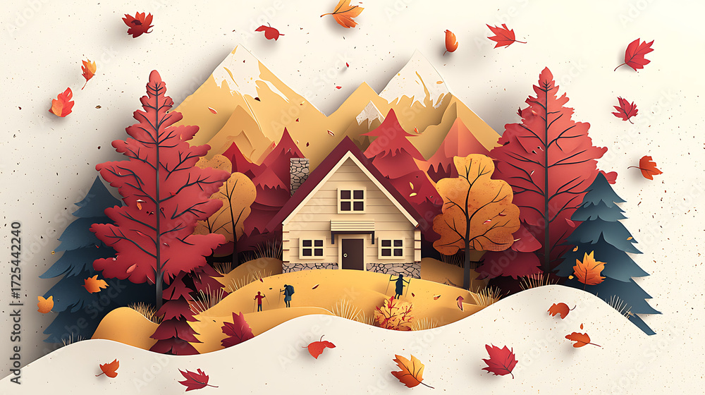 Autumn cabin scene with colorful trees and falling leaves, creating a ...