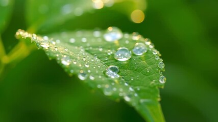 Wall Mural - Delicate timelapse of morning dew drops forming and then slowly evaporating on a verdant leaf surface macro, slowly, peaceful