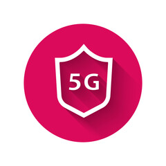 Wall Mural - White Protective shield 5G wireless internet wifi icon isolated with long shadow. Global network high speed connection data rate technology. Pink hexagon button. Vector