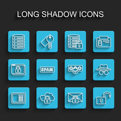 Wall Mural - Set line Safe, Cloud computing lock, Server, Data, Web Hosting, Mail message password, Open padlock, Spam, Incognito mode and Password protection icon. Vector