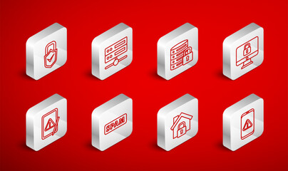 Wall Mural - Set line Mobile with exclamation mark, Server, Data, Web Hosting, security lock, Lock computer monitor, House under protection, and check, Spam and Tablet icon. Vector