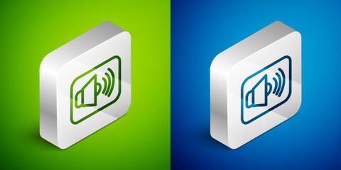Isometric line Speaker volume, audio voice sound symbol, media music icon isolated on green and blue background. Silver square button. Vector