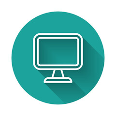Wall Mural - White line Computer monitor screen icon isolated with long shadow background. Electronic device. Front view. Green circle button. Vector