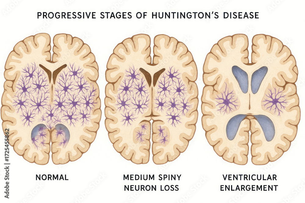 Progressive Stages of Huntington's Disease Illustrated: Normal Brain ...