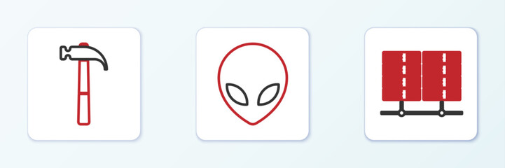 Wall Mural - Set line Server, Data, Web Hosting, Hammer and Alien icon. Vector