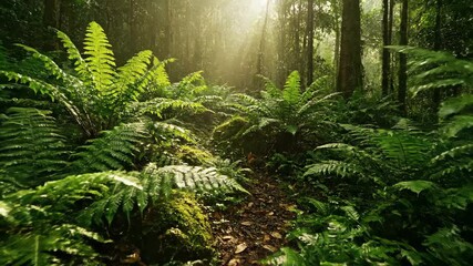 Wall Mural - Dappled Sunlight Illuminating Lush Green Ferns on the Rainforest Floor with Slow Motion Dappled sunlight, calm, lush green
