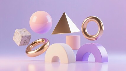 Abstract 3d composition of geometric shapes in pastel and metallic tones floating spheres pyramids against purple background