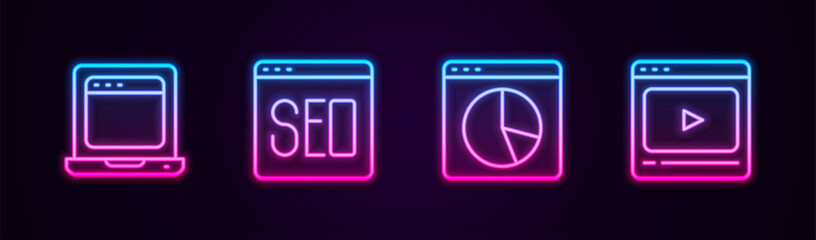 Wall Mural - Set line Laptop with browser window, SEO optimization, Graph chart infographic and Online play video. Glowing neon icon. Vector