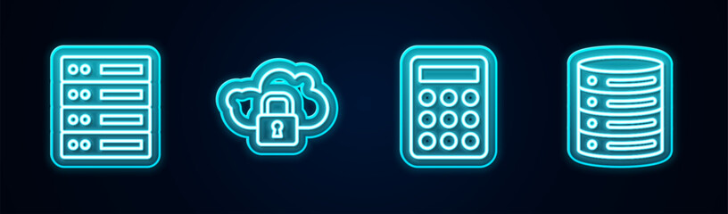Wall Mural - Set line Server, Data, Web Hosting, Cloud computing lock, Password protection and . Glowing neon icon. Vector