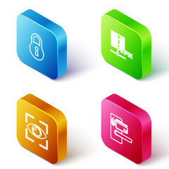 Wall Mural - Set Isometric line Lock, Server VPN, Eye scan and Digital door lock with wireless icon. Vector