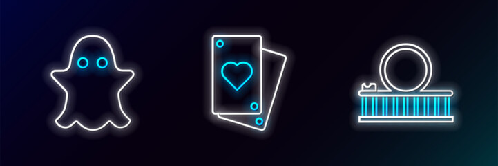 Wall Mural - Set line Roller coaster, Ghost and Playing card icon. Glowing neon. Vector
