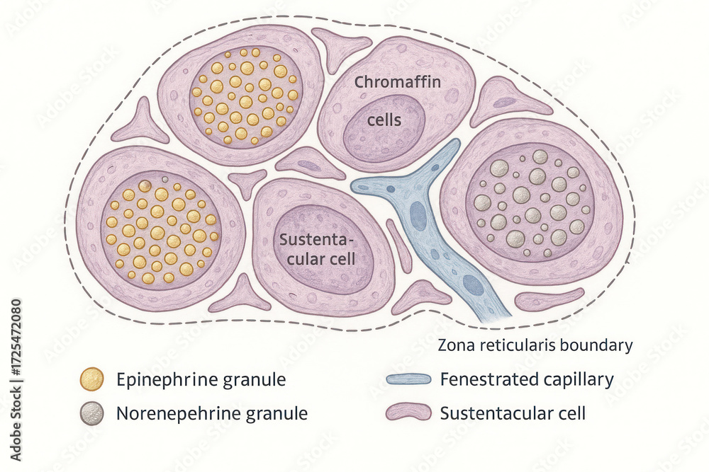 Illustration of the adrenal medulla, showing chromaffin cells ...