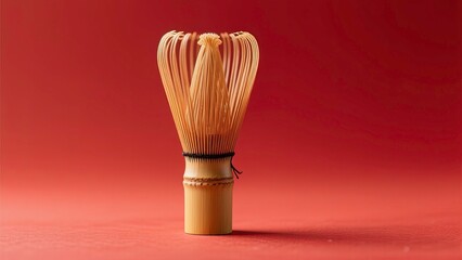 whisk against red background bamboo wooden handle