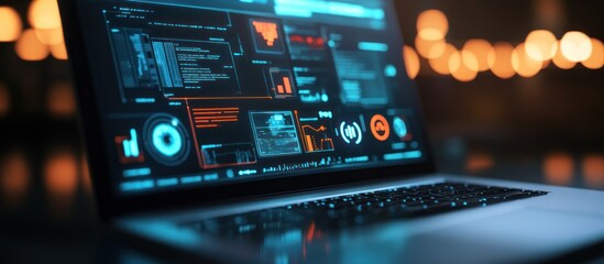 Close-up of laptop screen displaying data visualizations and code with bokeh background
