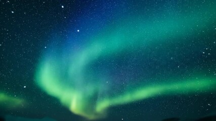 Wall Mural - Close-up dolly shot of the intense green and blue swirling patterns of the aurora borealis against a backdrop of distant stars macro, celestial dance, ethereal