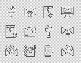 Wall Mural - Set line Envelope, Outgoing mail, Address book, Mail box, Chat messages notification on phone and Delete envelope icon. Vector