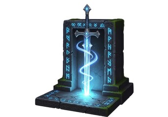 Wall Mural - Mystical glowing sword embedded in ancient stone altar with glowing runes
