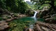 © horizon - Serene and picturesque waterfall cascading over moss-covered rocks into a clear, tranquil pool in the heart of a lush, dense rainforest, showing gentle motion.