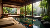 Japanese Zen Garden Koi Pond with Bamboo, Tranquility, and Architecture.