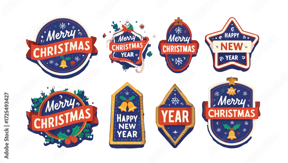 Collection of festive christmas and new year badges and labels