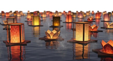 Wall Mural - Illuminated floating lanterns create a serene and magical atmosphere on calm water