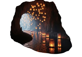 Wall Mural - Magical night scene of floating lanterns illuminating a dark cave and reflecting on water