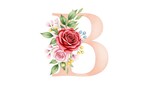 Elegant watercolor letter b adorned with a lush arrangement of romantic roses and greenery