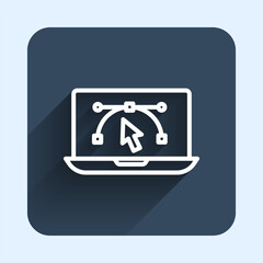 White line Computer display with vector design program icon isolated on isolated with long shadow background. Photo editor software with user interface. Blue square button. Vector