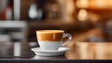 A cup of coffee on a saucer on a table in a cafe with a blurred background for coffee lovers and cafe visitors