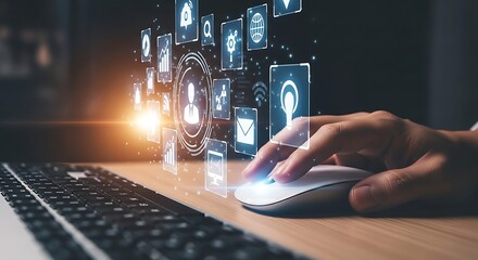 Hand Using Computer Mouse Interacting with Digital Technology Icons Network connection data