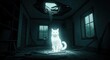 © Muhammad - Ethereal white cat sitting in a dilapidated room with a hole in the ceiling