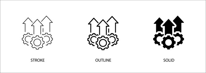 Gears icon with arrows for growth, development, improvement, increase. Editable vector stroke icon, outline and solid. Eps10 file.