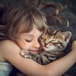 © Wahib Khan - Smiling child cuddling a baby kitten, playful and heartwarming pet portrait, high-resolution, professional stock quality
