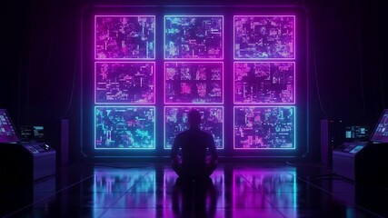 Person meditates before a digital array in a dark, futuristic setting.