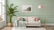 © Graphic AI - Cozy living room serenity soft blue walls wood accents and lush greenery