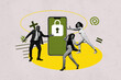 © deagreez - Pop image sketch 3d collage poster of happy girl guy stand cellphone lock antivirus protection key access decoding spyware
