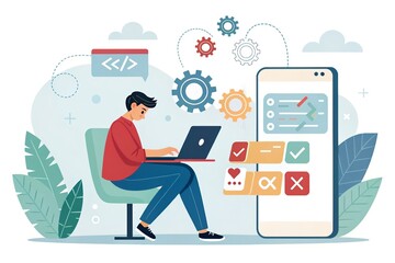 Developer coding on laptop near smartphone app interface flat design