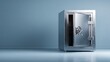 © Ezio - A sleek, modern steel safe with an open door, set against a blue background.