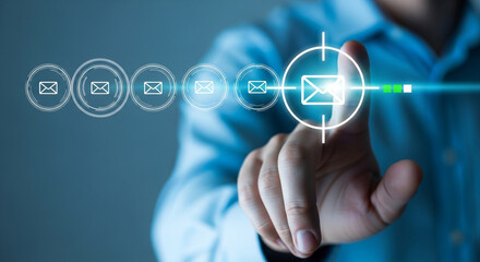 Man touching virtual screen with email icon in target for sending and receiving messages online communication