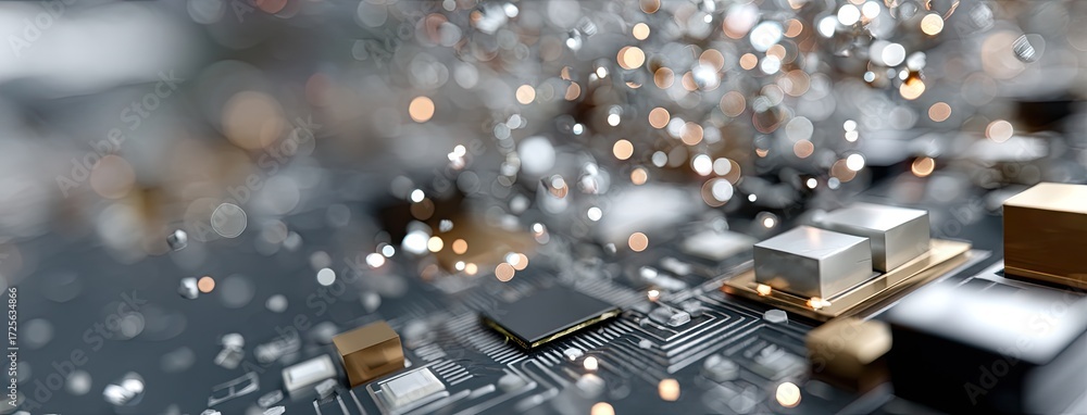 Close-up of a circuit board highlighting intricate components and dynamic light reflections in a high-tech setting