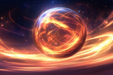 Wall Mural - Abstract glowing wireframe sphere creating a dynamic cosmic energy field with swirling light trails in deep space