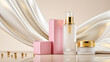 © Made - Cosmetic packaging mockup with soft flowing silk fabric backdrop, elegant luxury mood