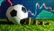 © doa - Soccer ball rests on grass with stacks of coins, against a backdrop of financial market charts, symbolizing the financial aspects of the sport.