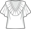 © Heyyy - Elegant women's blouse illustration, ruffled collar design, deep V-neck fashion, short flared sleeves, summer top, garment sketch, clothing concept