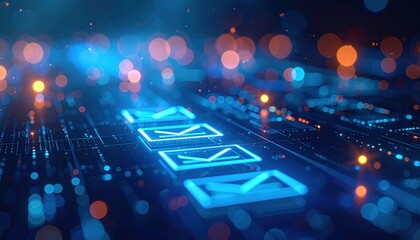 Abstract digital illustration of glowing blue email icons on a circuit board with bokeh lights.