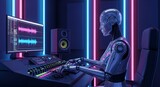 Futuristic music studio featuring a sleek humanoid robot working on audio mixing with neon lights